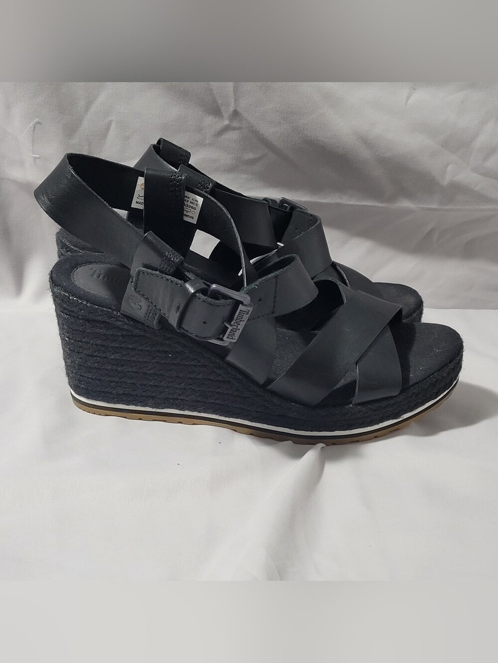 Timberland Black Strappy Leather Wedge Sandals